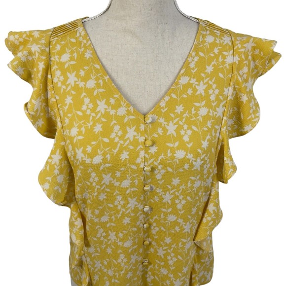 BB Dakota Womens All The Frills Ruffle Crepe V Neck Yellow Floral Blouse Small - Picture 3 of 11